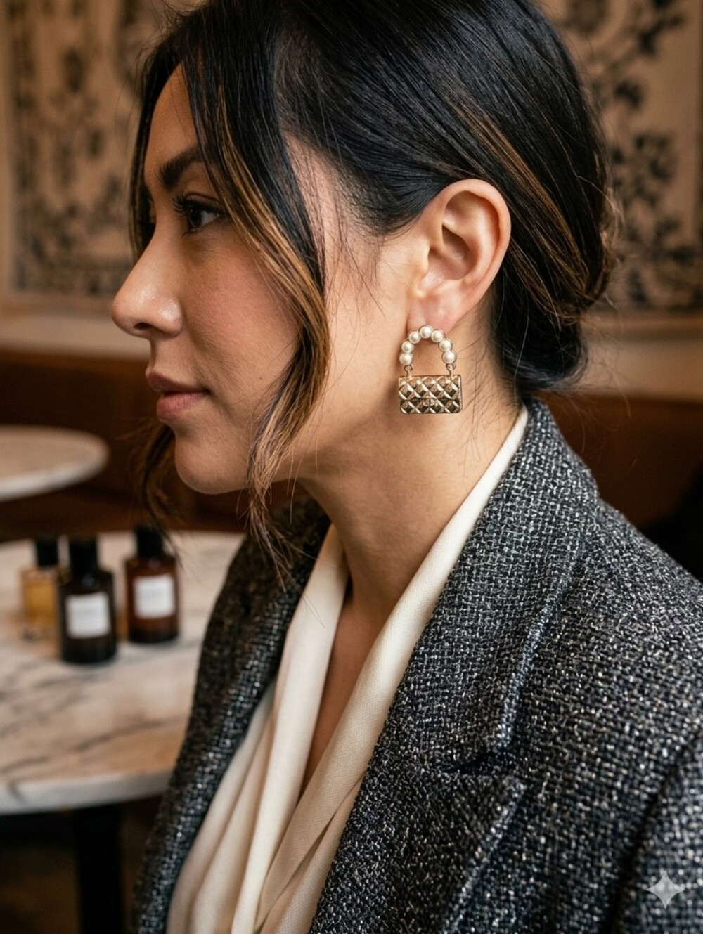 Gold Quilted Pearl-Handle Women’s Bag Earrings